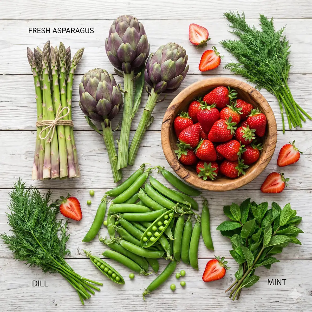 Flat lay σύνθεση με εποχικά προϊόντα Μαΐου πάνω σε ξύλινο τραπέζι: φρέσκα πράσινα σπαράγγια, αγκινάρες, αρακάς σε λοβούς και ένα μπολ με κατακόκκινες ελληνικές φράουλες.