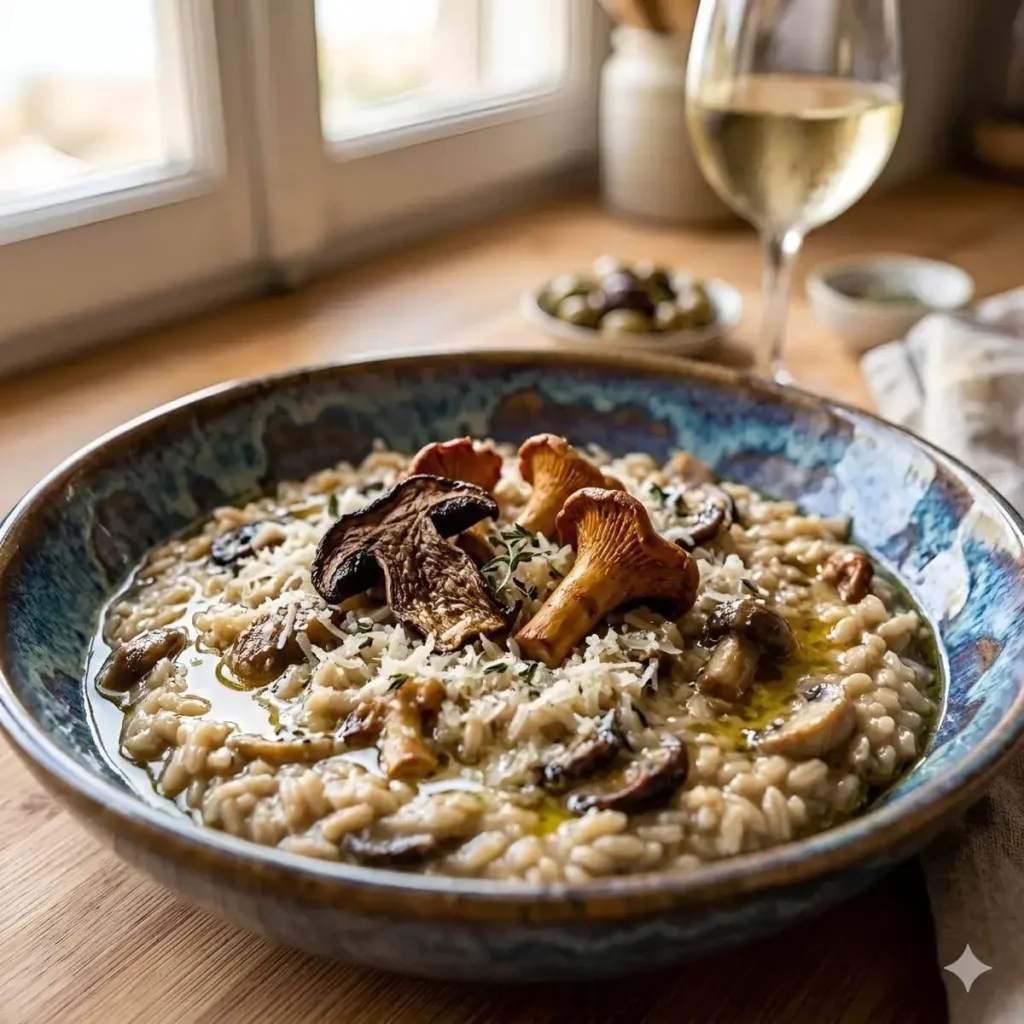 Κρεμώδες χυλωμένο κριθαρότο με διάφορα είδη μανιτάρων και τριμμένο ανθότυρο σε ένα όμορφο μπλε κεραμικό μπολ, τοποθετημένο πάνω σε ξύλινο τραπέζι δίπλα σε ένα ποτήρι λευκό κρασί.